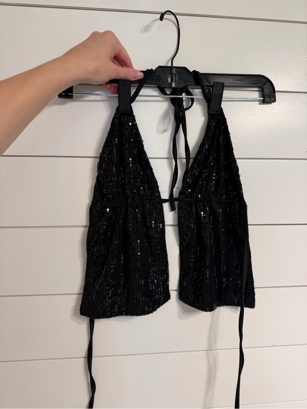 Edikted Black Sequin Halter Crop Top with Pink Logo Patch